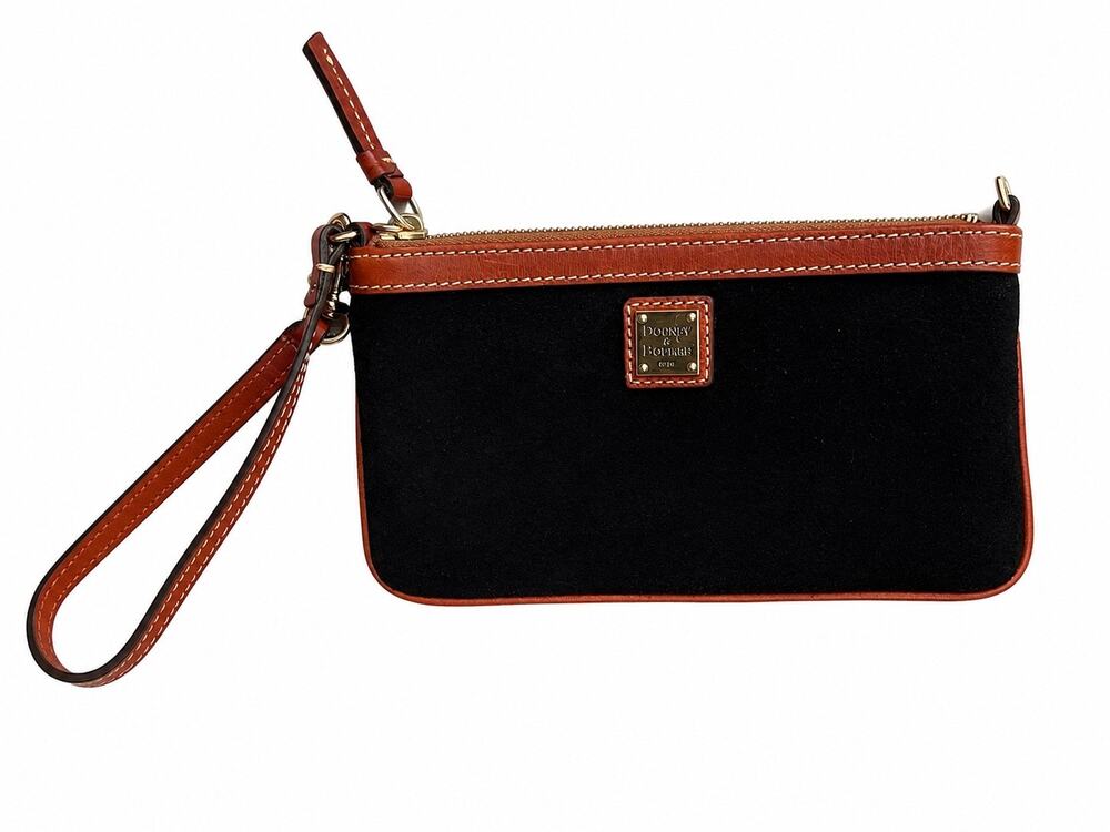 Dooney & Bourke Black Suede Leather Trim Wristlet Clutch Wallet Red Lining
